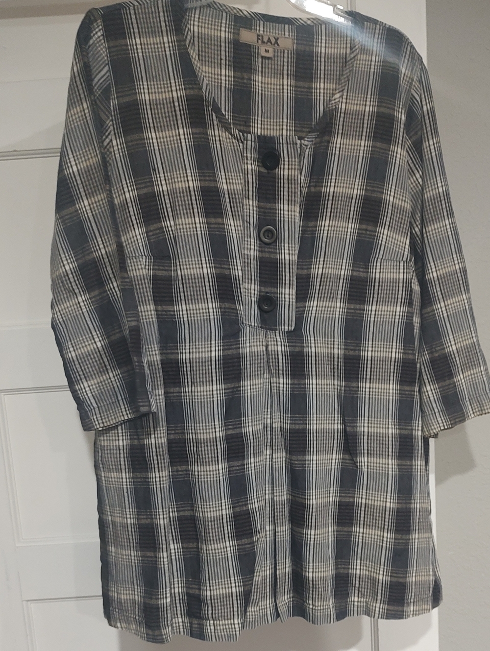 Flax Linen Plaid Button Pleated Shirt Medium
